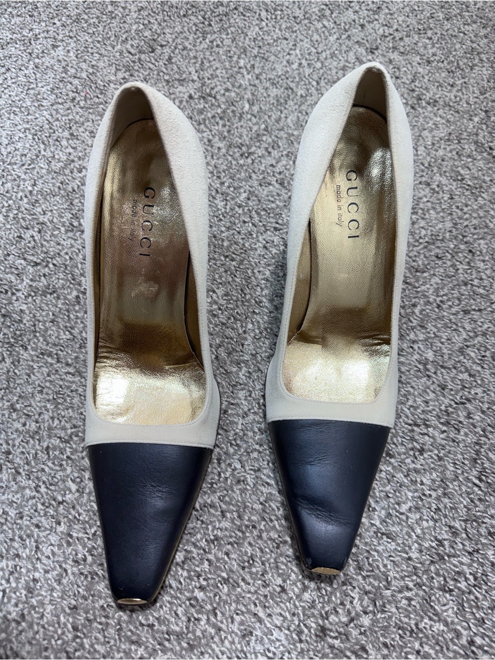 Gucci Women’s Leather Cap Toe Pumps Cream Black Gold Made in Italy Sz 8.5B - Picture 6 of 15